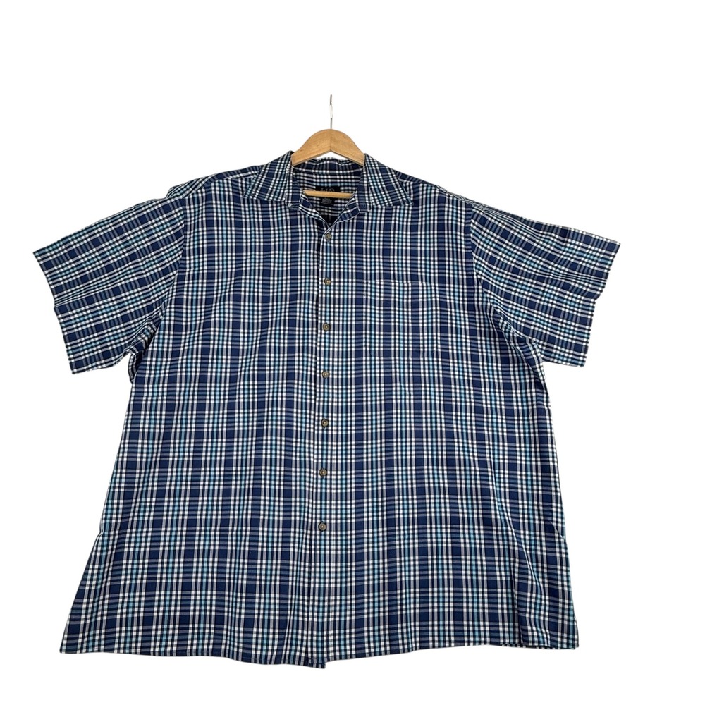 Harbor Bay Button Down Shirt Mens 3XL Blue Plaid Short Sleeve Cotton Blend